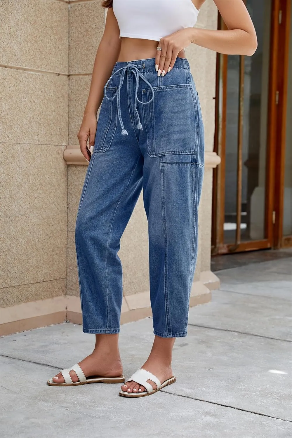 Women's Wide Leg Baggy Jeans Elastic Low Rise Barrel Jean Loose Boyfriend Denim Pants with Drawstring