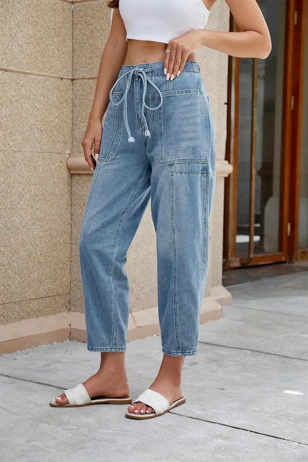 Women's Wide Leg Baggy Jeans Elastic Low Rise Barrel Jean Loose Boyfriend Denim Pants with Drawstring