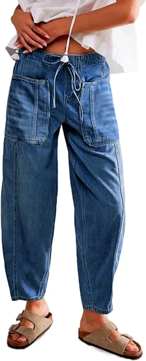 Women's Wide Leg Baggy Jeans Elastic Low Rise Barrel Jean Loose Boyfriend Denim Pants with Drawstring