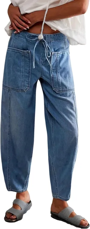 Women's Wide Leg Baggy Jeans Elastic Low Rise Barrel Jean Loose Boyfriend Denim Pants with Drawstring