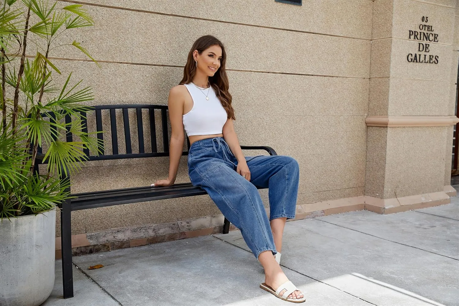 Women's Wide Leg Baggy Jeans Elastic Low Rise Barrel Jean Loose Boyfriend Denim Pants with Drawstring