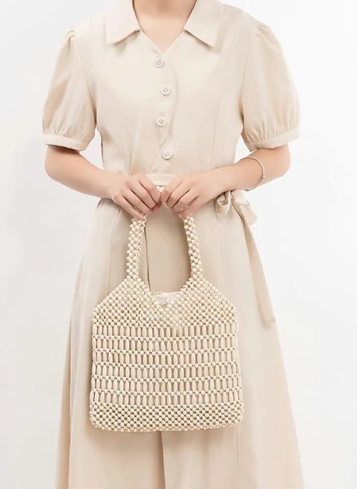 Womens Wood Beads Handbag Handmade Hollow Woven Shoulder Bags Large Summer Beach Vacation Tote Purses