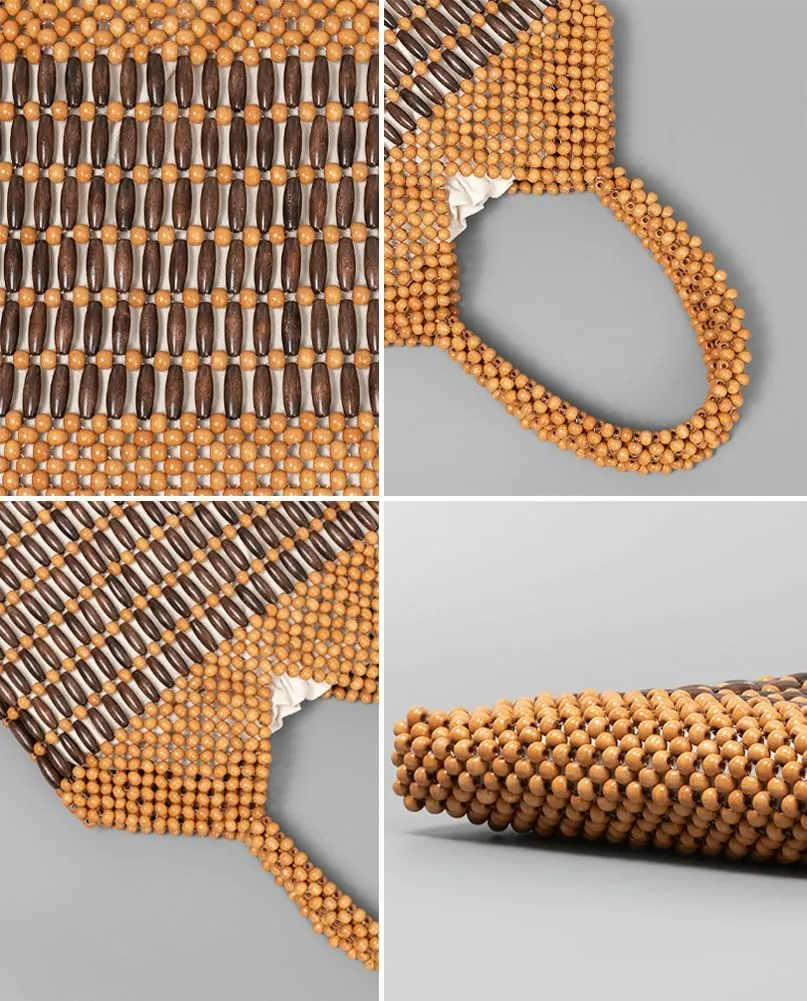 Womens Wood Beads Handbag Handmade Hollow Woven Shoulder Bags Large Summer Beach Vacation Tote Purses