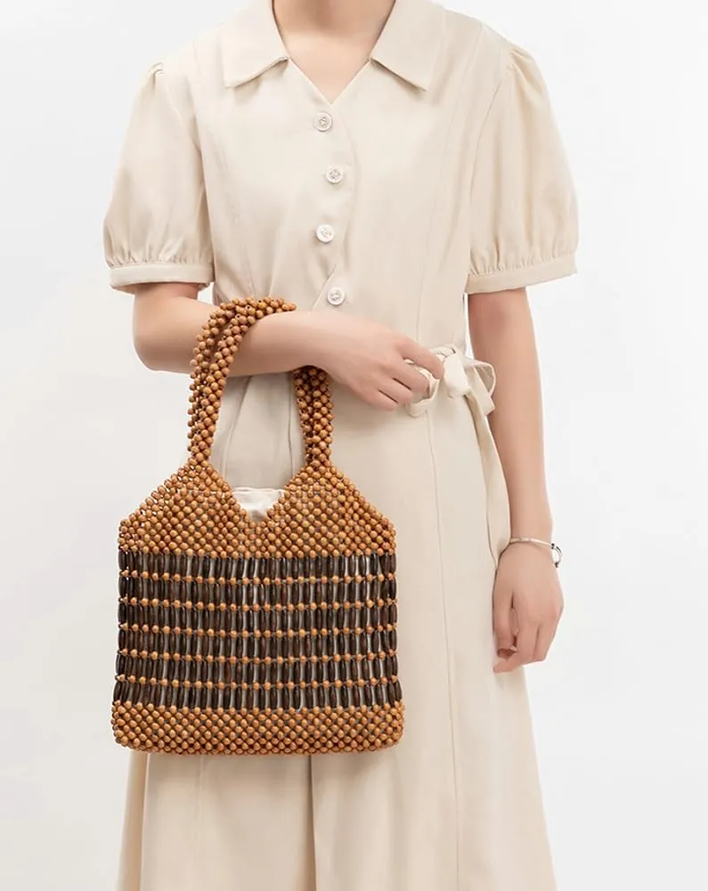 Womens Wood Beads Handbag Handmade Hollow Woven Shoulder Bags Large Summer Beach Vacation Tote Purses
