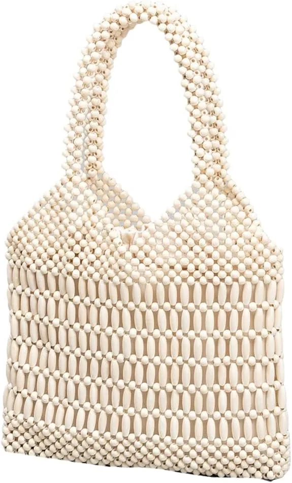 Womens Wood Beads Handbag Handmade Hollow Woven Shoulder Bags Large Summer Beach Vacation Tote Purses