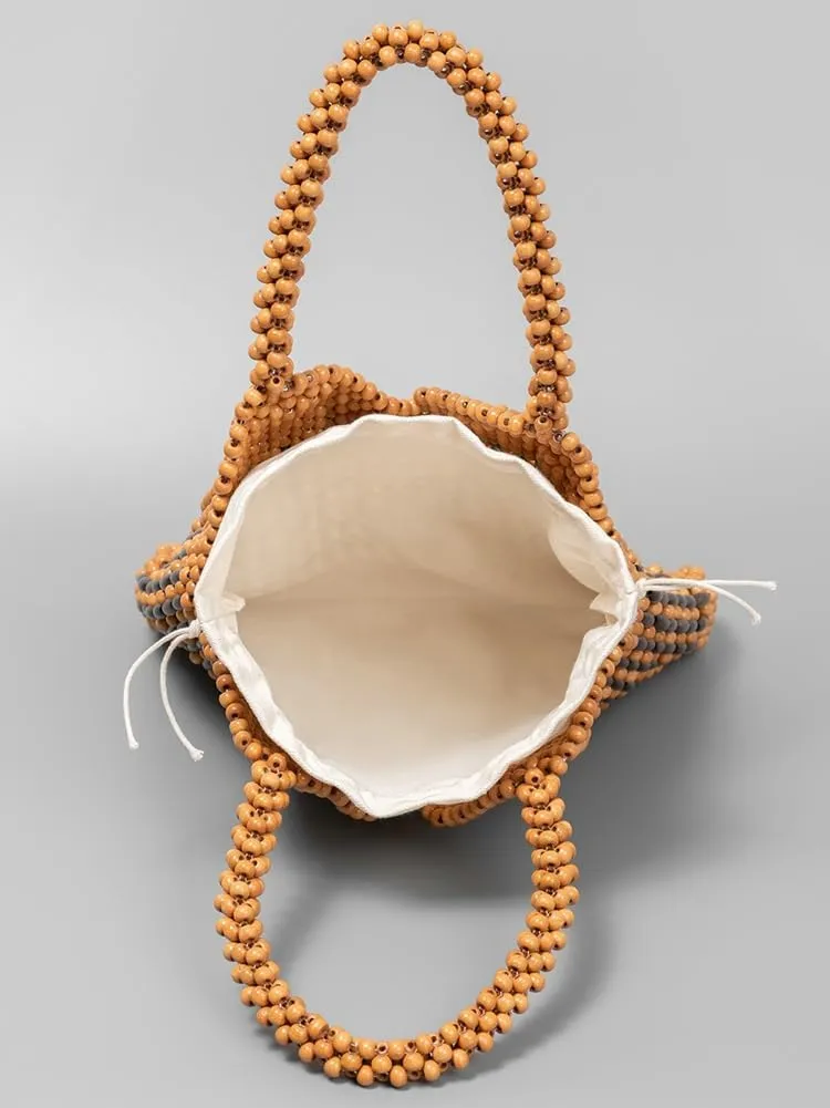 Womens Wood Beads Handbag Handmade Hollow Woven Shoulder Bags Large Summer Beach Vacation Tote Purses