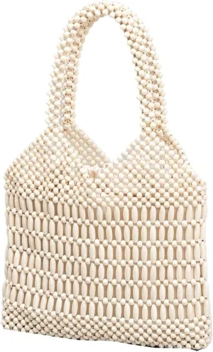 Womens Wood Beads Handbag Handmade Hollow Woven Shoulder Bags Large Summer Beach Vacation Tote Purses