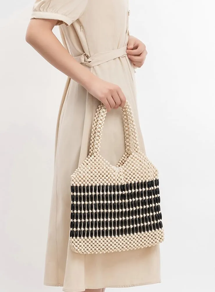 Womens Wood Beads Handbag Handmade Hollow Woven Shoulder Bags Large Summer Beach Vacation Tote Purses