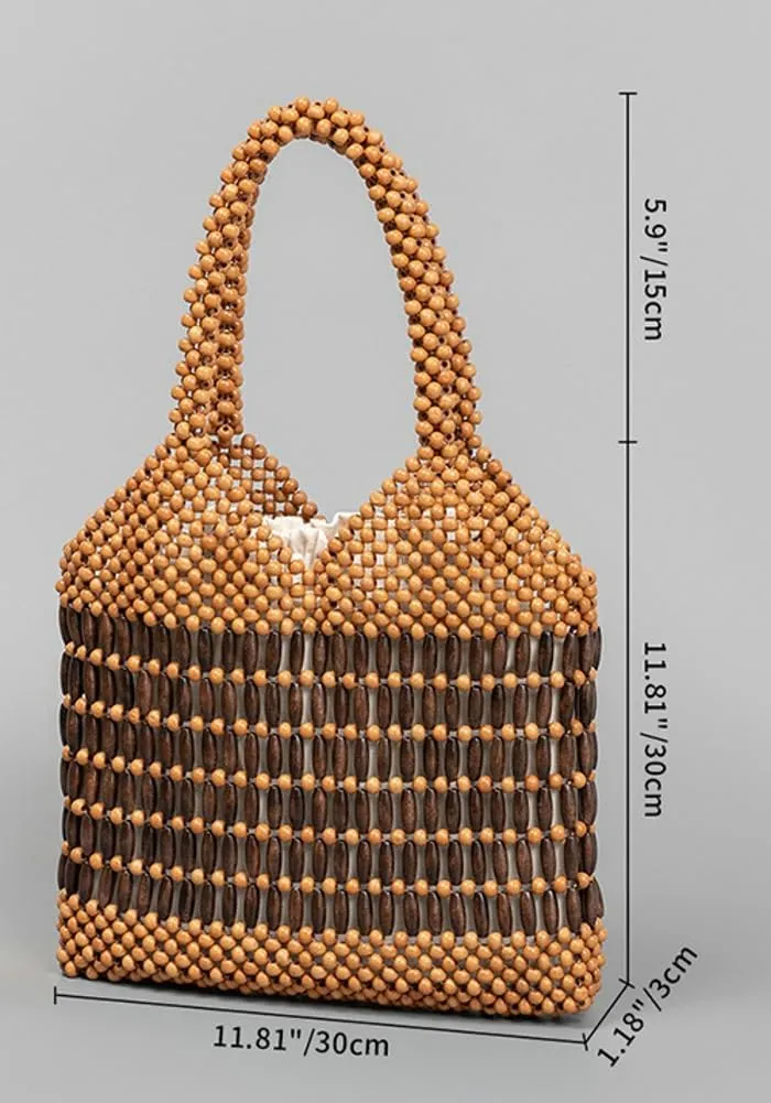 Womens Wood Beads Handbag Handmade Hollow Woven Shoulder Bags Large Summer Beach Vacation Tote Purses