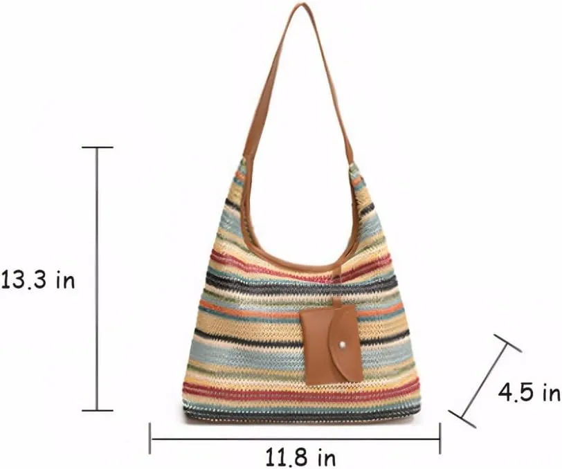 Women's Woven Beach Shoulder Handbag Colorful Straw Tote Bag Summer Vacation Crossbody Bag