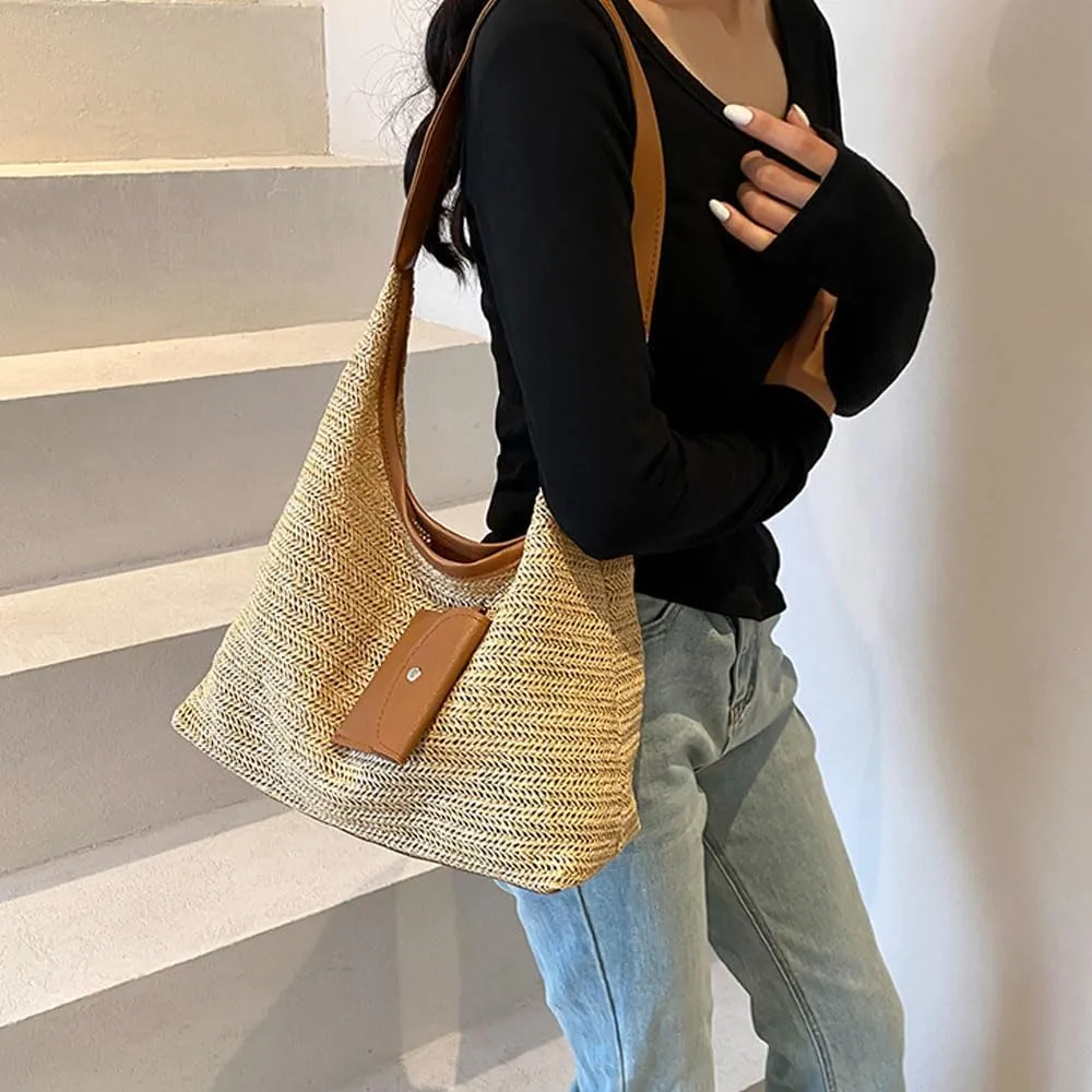 Women's Woven Beach Shoulder Handbag Colorful Straw Tote Bag Summer Vacation Crossbody Bag