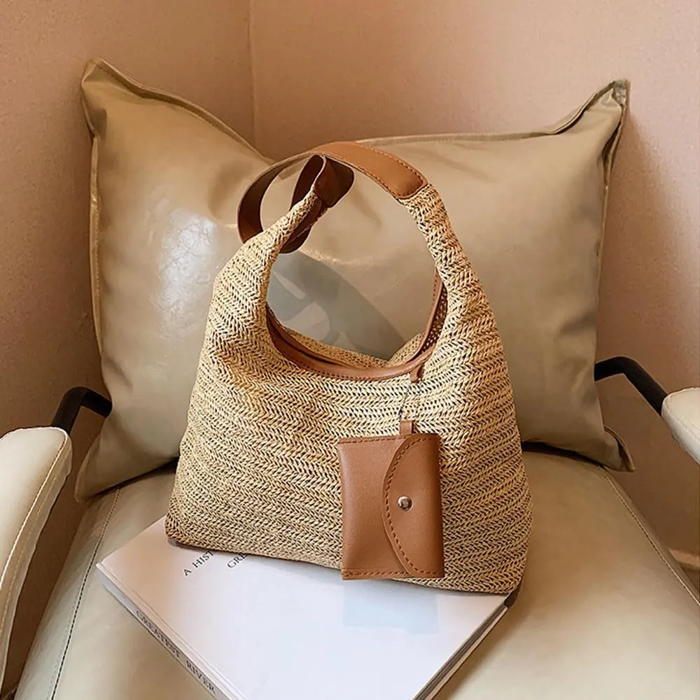 Women's Woven Beach Shoulder Handbag Colorful Straw Tote Bag Summer Vacation Crossbody Bag