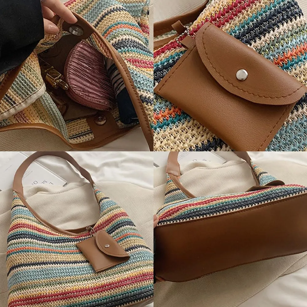 Women's Woven Beach Shoulder Handbag Colorful Straw Tote Bag Summer Vacation Crossbody Bag