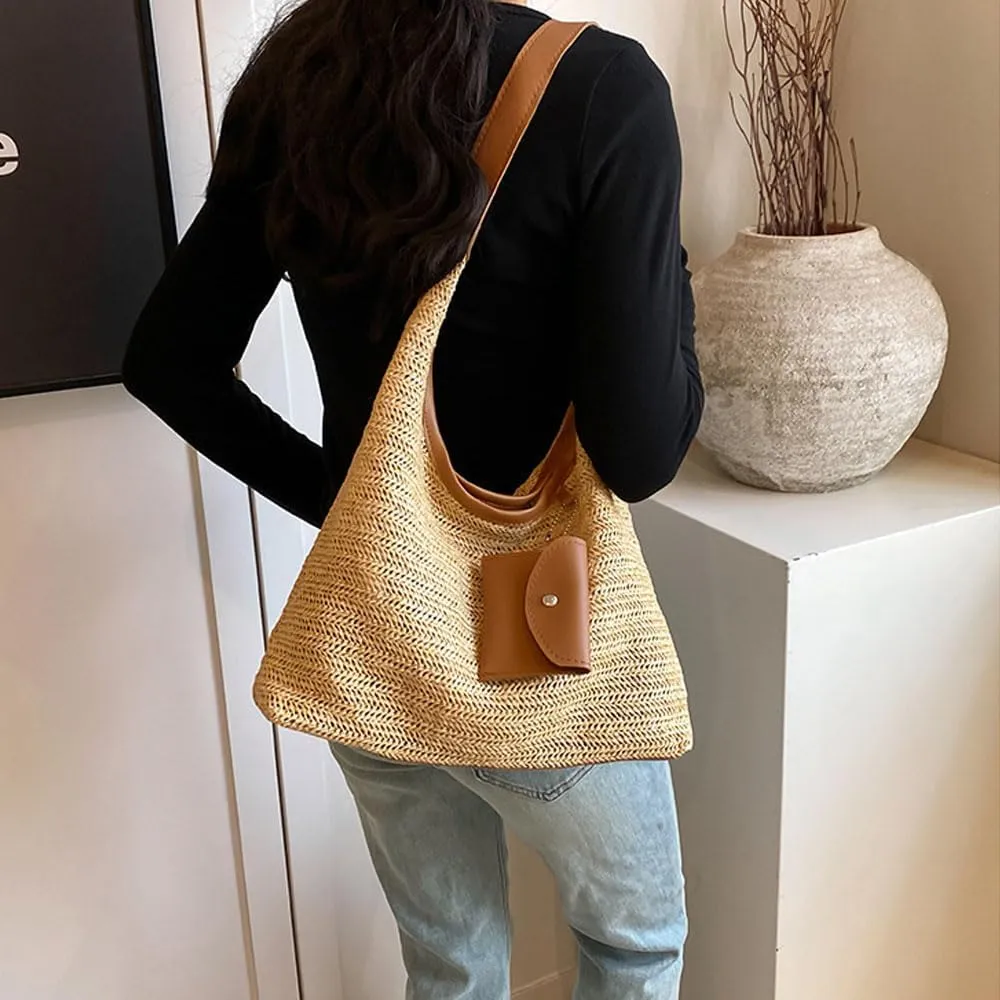 Women's Woven Beach Shoulder Handbag Colorful Straw Tote Bag Summer Vacation Crossbody Bag