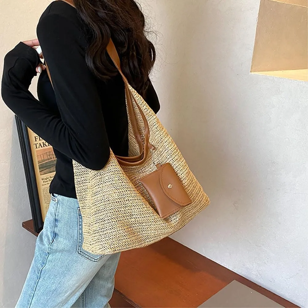 Women's Woven Beach Shoulder Handbag Colorful Straw Tote Bag Summer Vacation Crossbody Bag