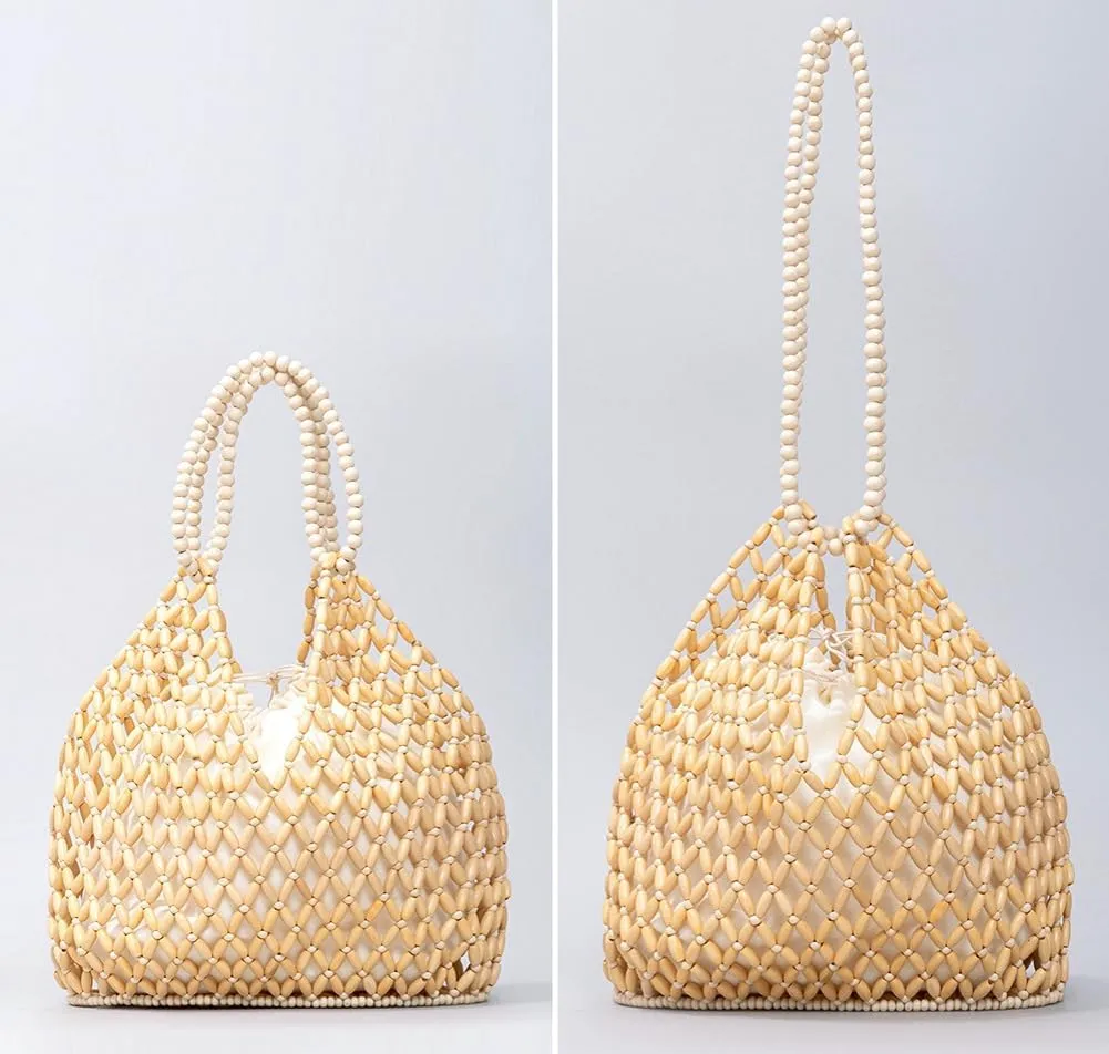 Wooden Bead Purses for Women Beaded Hobo Shoulder Bag Straw Purse Chic Hollow-out Handbag for Beach Summer Travel 2025