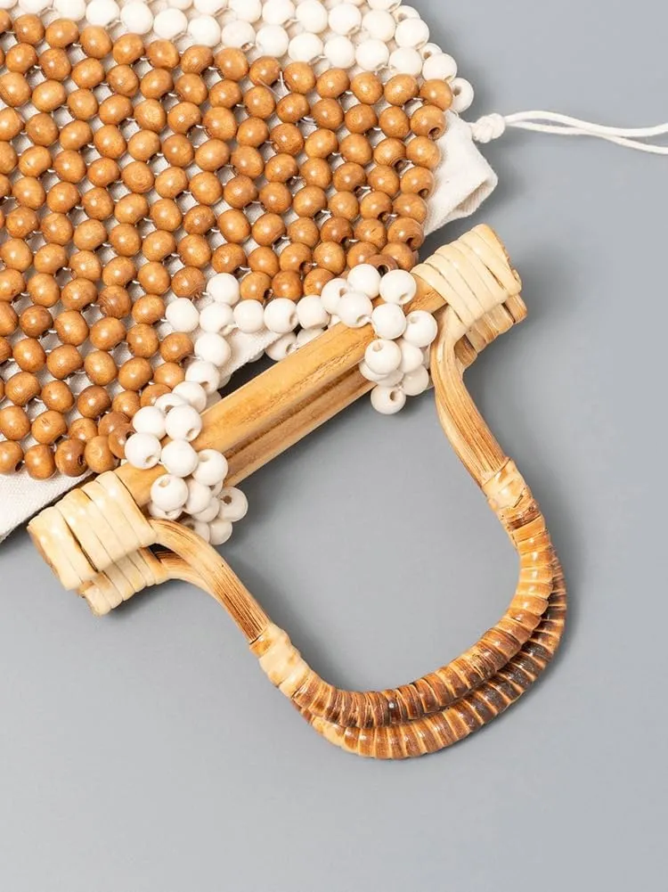 Wooden Bead Purses for Women Beaded Small Purse Straw Tote Bag Chic Hollow-out Handbag for Beach Summer Travel 2025