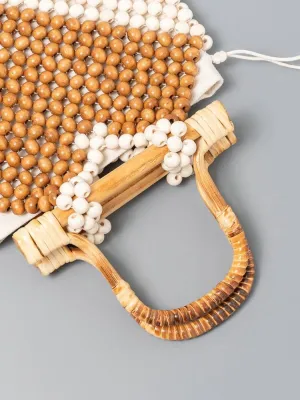 Wooden Bead Purses for Women Beaded Small Purse Straw Tote Bag Chic Hollow-out Handbag for Beach Summer Travel 2025