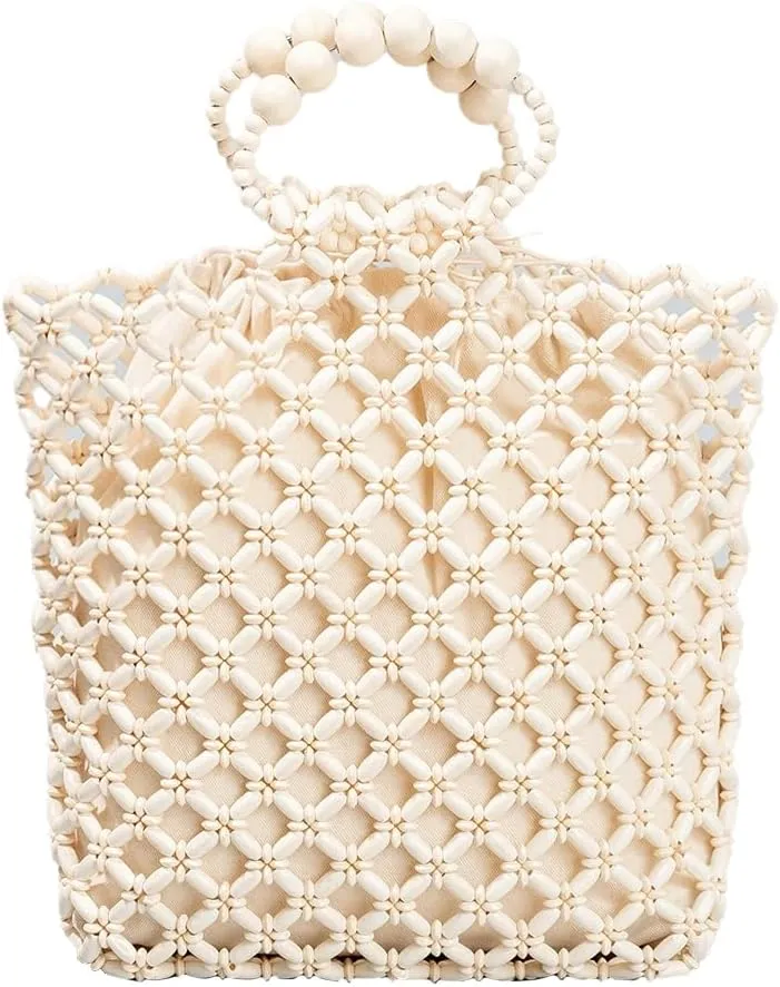 Wooden Bead Purses for Women Beaded Small Tote Purse Straw Bag Chic Hollow-out Handbag for Beach Summer Travel 2025