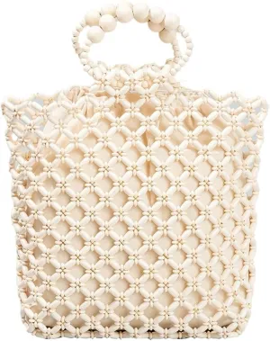 Wooden Bead Purses for Women Beaded Small Tote Purse Straw Bag Chic Hollow-out Handbag for Beach Summer Travel 2025