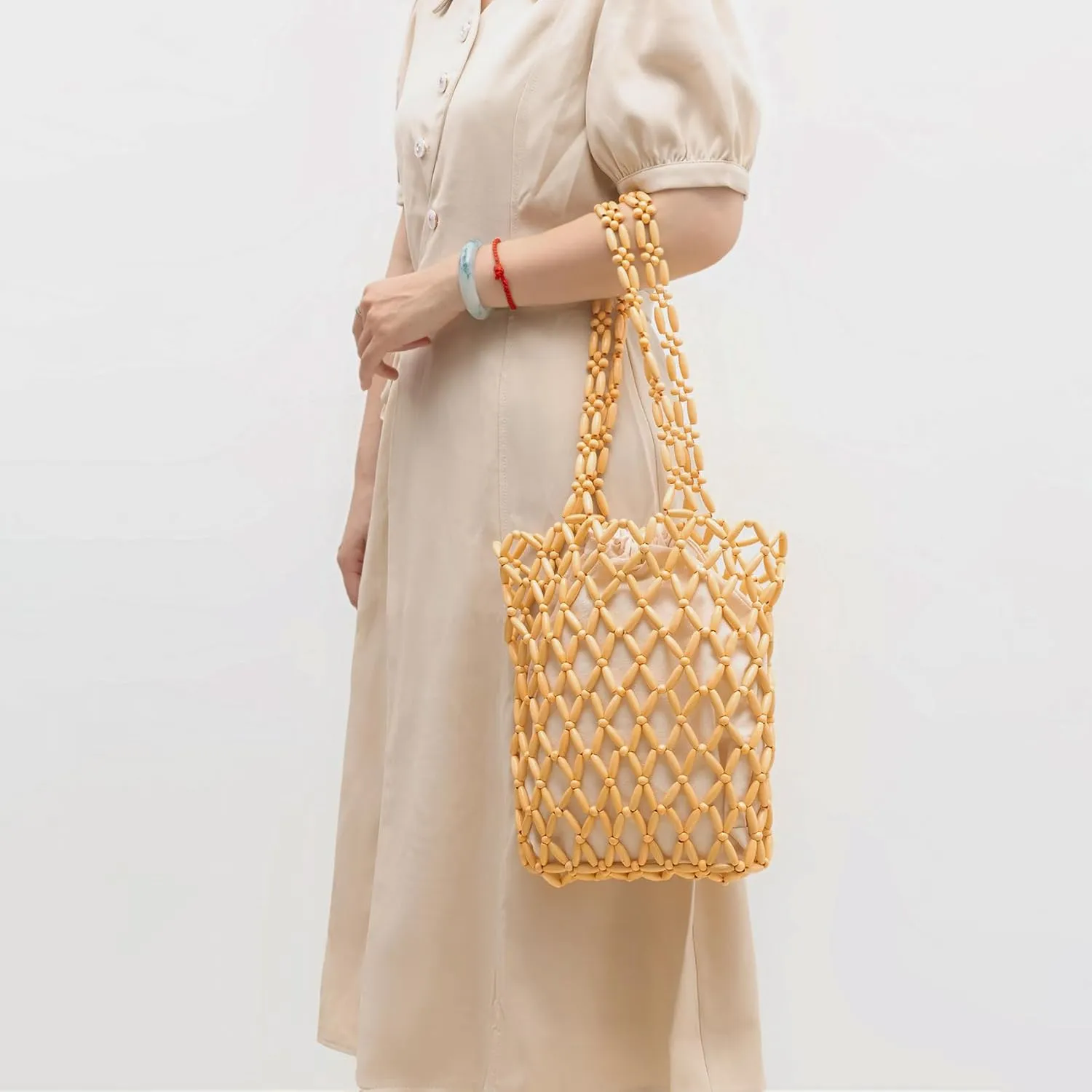 Wooden Beaded Bag Handmade Wooden Purse Beaded Shoulder Bag Woven Bags for Women