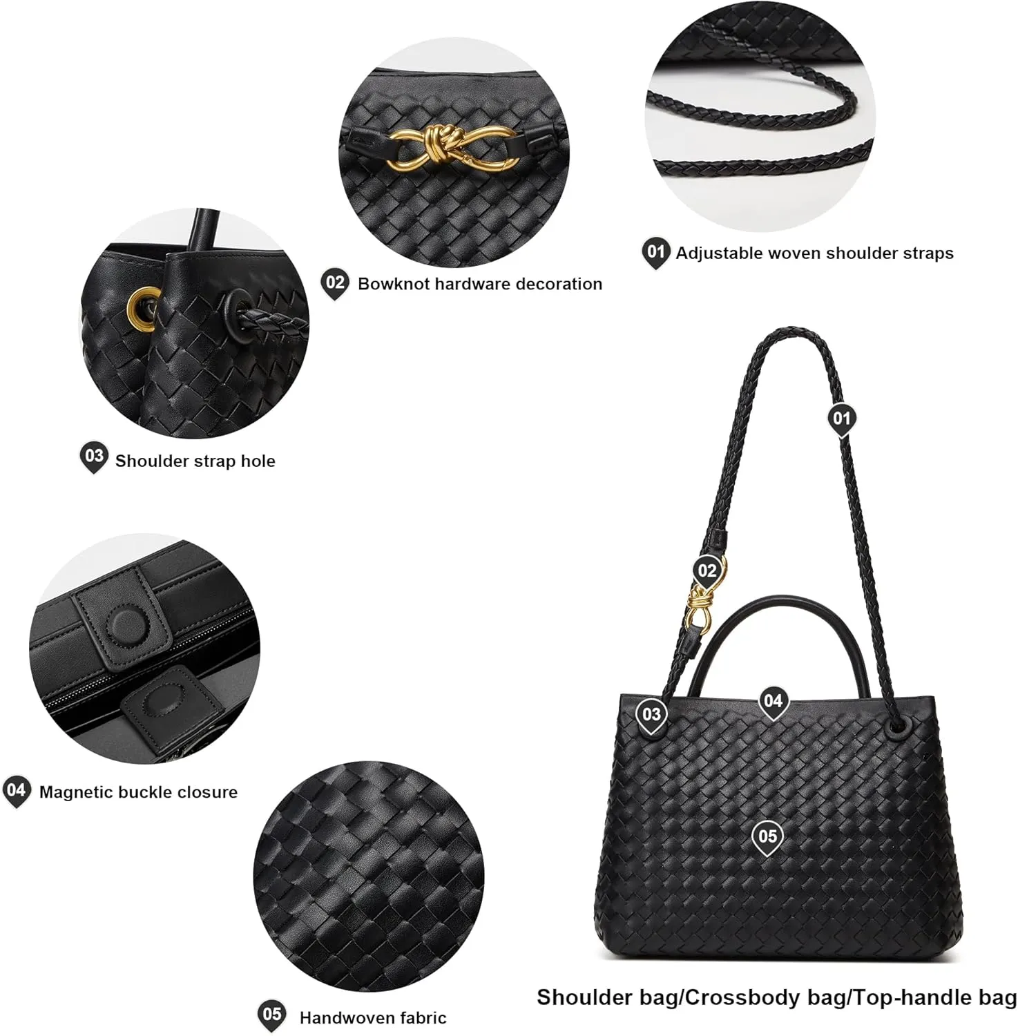 Woven Bag for Women Crossbody Handbag: Vegan Leather Small Tote Purse Trendy Shoulder Handbag Bowknot Satchel Purse