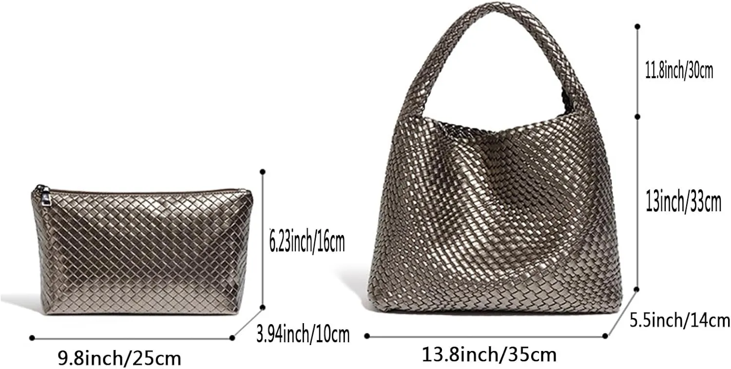 Woven Bag for Women, Fashion Woven Tote Bag Soft Vegan Leather Hobo Handbag Purse Retro Hand-woven with Clutch Pouch