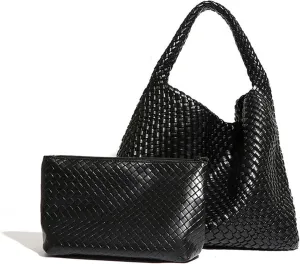 Woven Bag for Women, Fashion Woven Tote Bag Soft Vegan Leather Hobo Handbag Purse Retro Hand-woven with Clutch Pouch