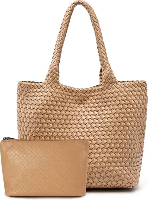 Woven Leather Handbag - Large Tote Bag for Women - Fashion Vegan Leather Tote