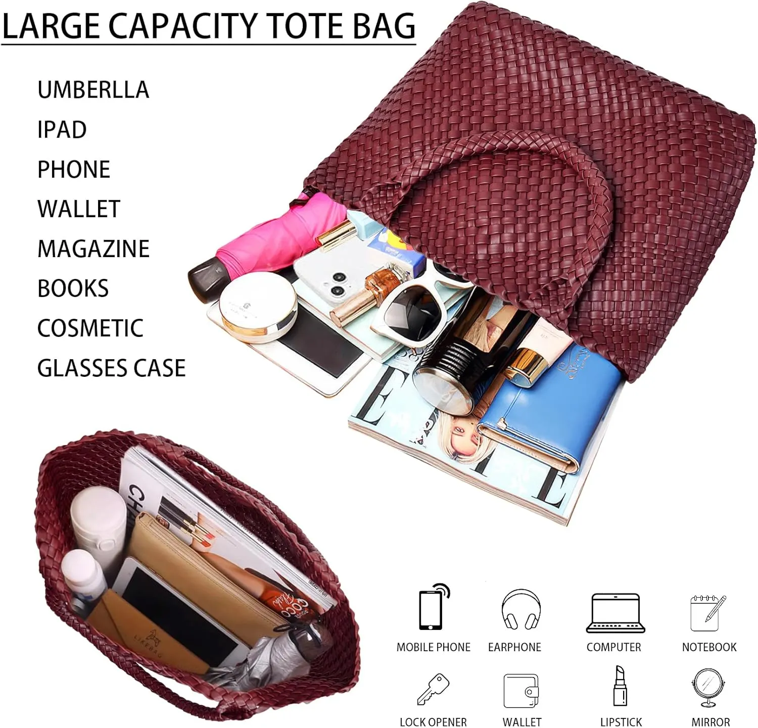 Woven Shoulder Bag for Women, Fashion Top Handle Soft Vegan Leather Shopper