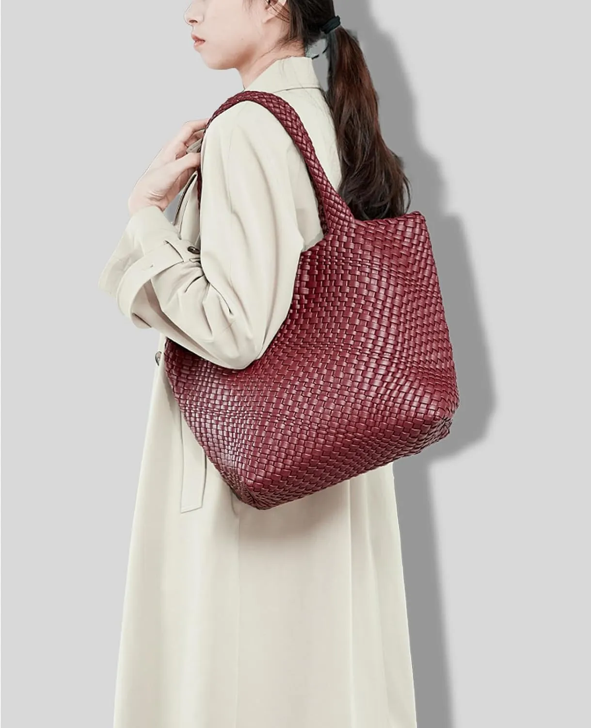 Woven Shoulder Bag for Women, Fashion Top Handle Soft Vegan Leather Shopper