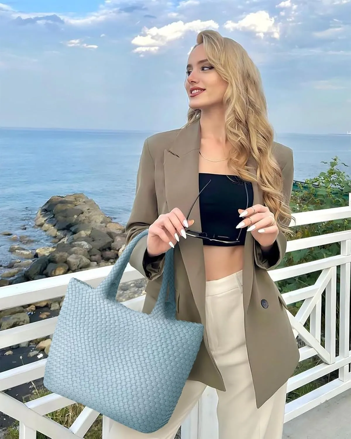 Woven Tote Bag for Women, Fashion Woven Bags for Women Vegan Leather Shoulder Handbags Large Summer Beach Travel Bag