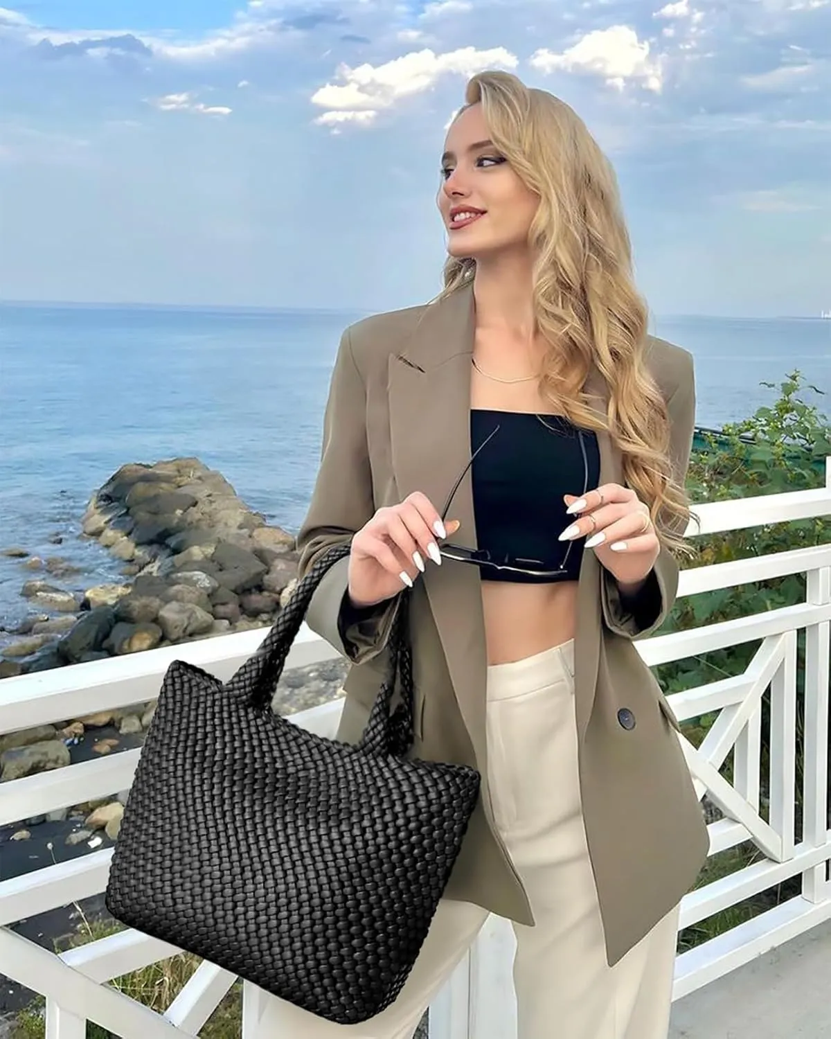 Woven Tote Bag for Women, Fashion Woven Bags for Women Vegan Leather Shoulder Handbags Large Summer Beach Travel Bag