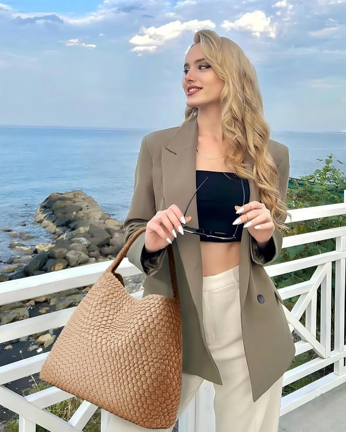 Woven Tote Bag for Women, Fashion Woven Bags for Women Vegan Leather Shoulder Handbags Large Summer Beach Travel Bag