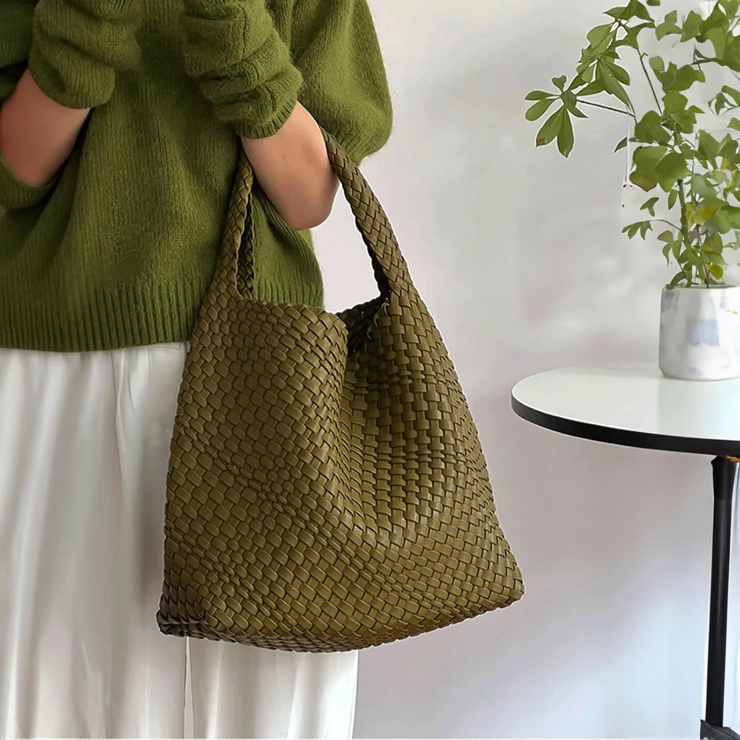 Woven Tote Bag for Women Vegan Leather Hobo Bags, Top-handle Handmade Purse