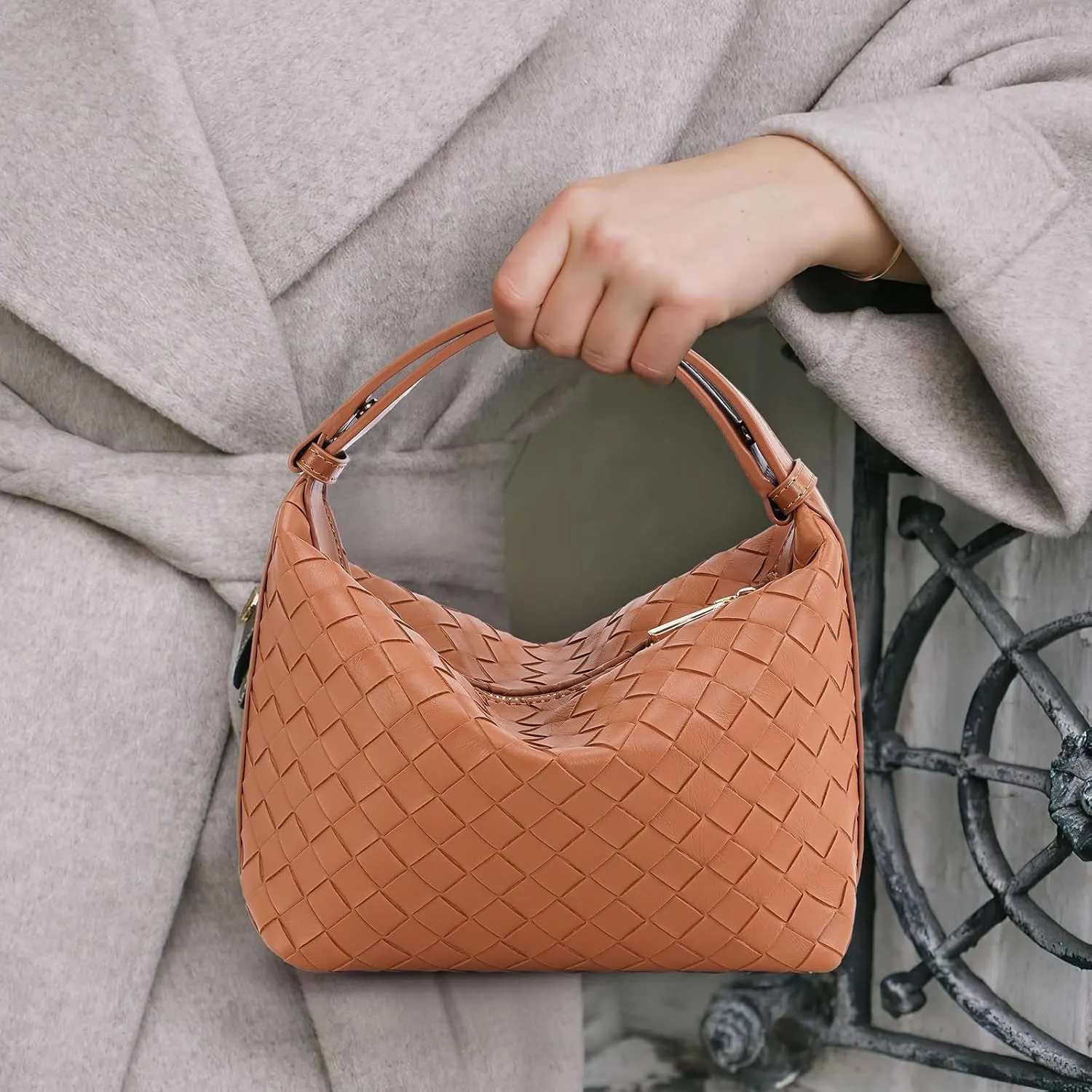 Woven Tote Bags for Women Vegan Leather Shoulder Handbag for Women Top Handle Purses with Adjustable Snap Strap