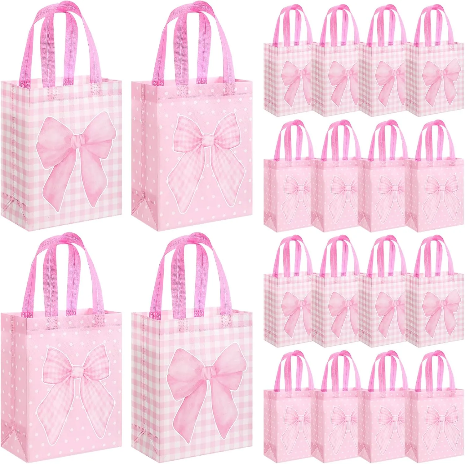 Wovnet 30 Pcs Coquette Pink Bow Gift Bags Reusable Non Woven Party Favor Goodie Treat Bags with Handle Mothers Day Gift for Birthday Wedding Bridal Party Supplies 10 x 8 x 4In