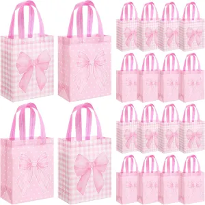 Wovnet 30 Pcs Coquette Pink Bow Gift Bags Reusable Non Woven Party Favor Goodie Treat Bags with Handle Mothers Day Gift for Birthday Wedding Bridal Party Supplies 10 x 8 x 4In