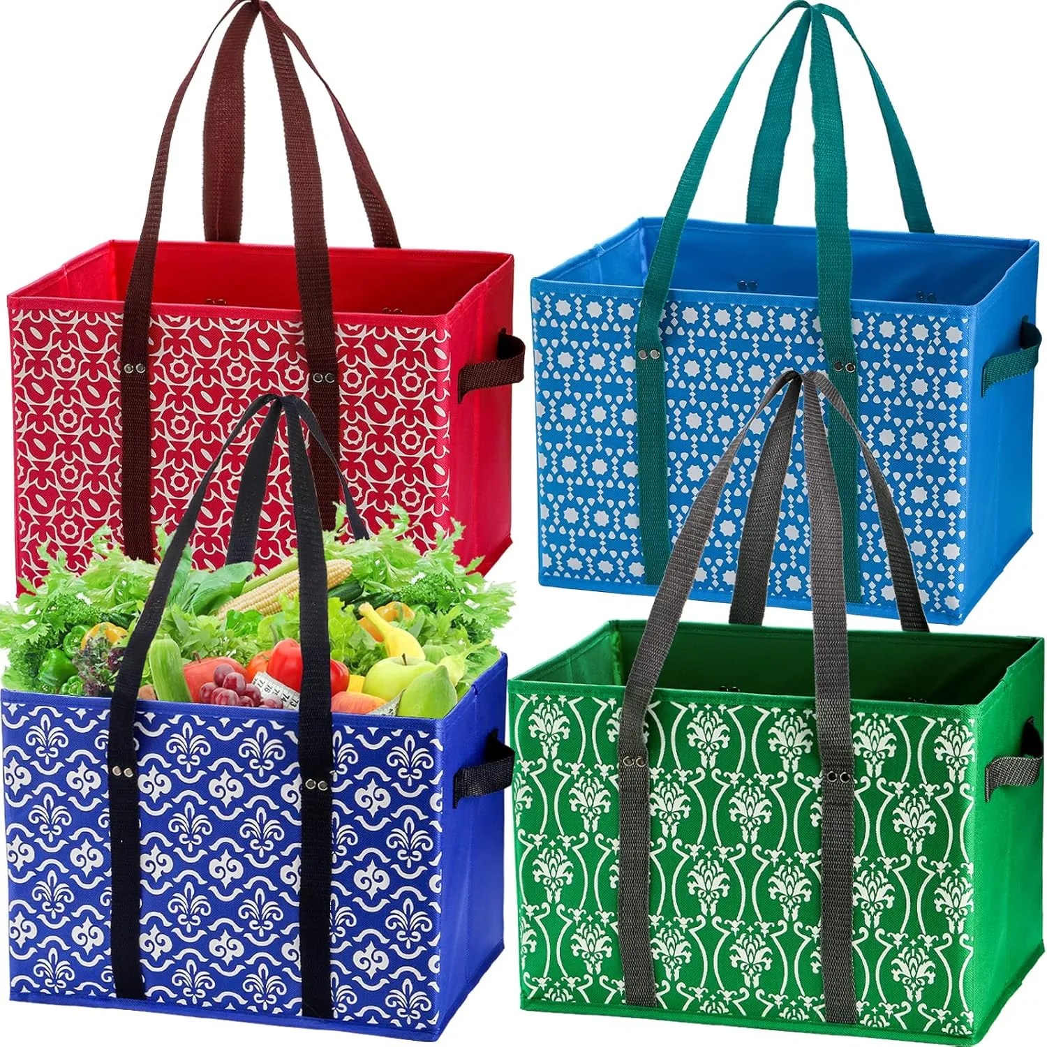 WUWEOT 4 Pack Reusable Grocery Bags, Large Shopping Box Tote, Foldable Washable Storage Bins with Reinforced Bottom Heavy Duty Handles for Fruit Vegetable Clothes Toys and Picnic