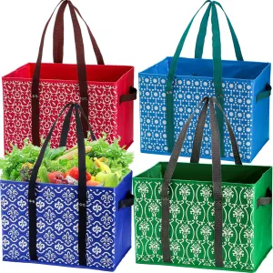WUWEOT 4 Pack Reusable Grocery Bags, Large Shopping Box Tote, Foldable Washable Storage Bins with Reinforced Bottom Heavy Duty Handles for Fruit Vegetable Clothes Toys and Picnic