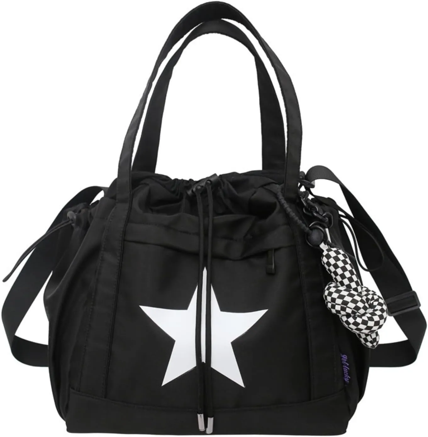 Y2K Aesthetic Crossbody Bag with Pendant Star Grunge Tote Bag Drawstring Bucket Bag Multi Pockets Shoulder Bag