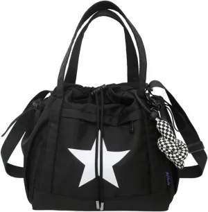 Y2K Aesthetic Crossbody Bag with Pendant Star Grunge Tote Bag Drawstring Bucket Bag Multi Pockets Shoulder Bag