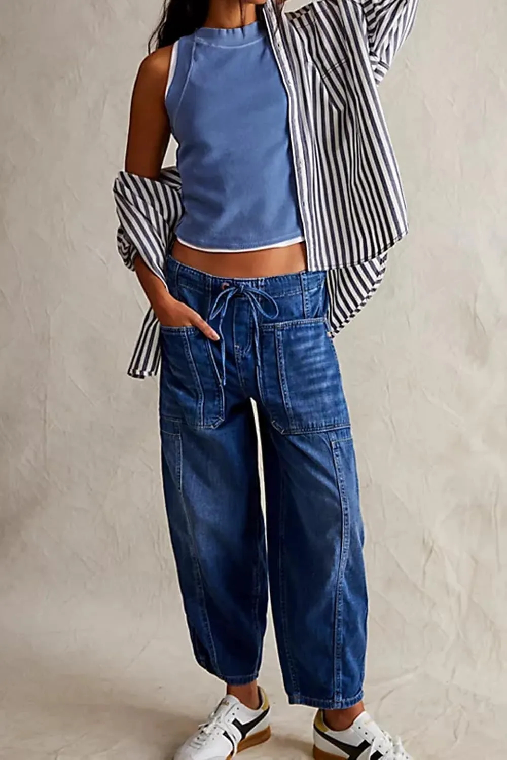 yoeasy Womens Low Rise Barrel Jeans Elastic Drawstring Loose Wide Leg Cropped Denim Pants Y2k Baggy Boyfriend Jeans