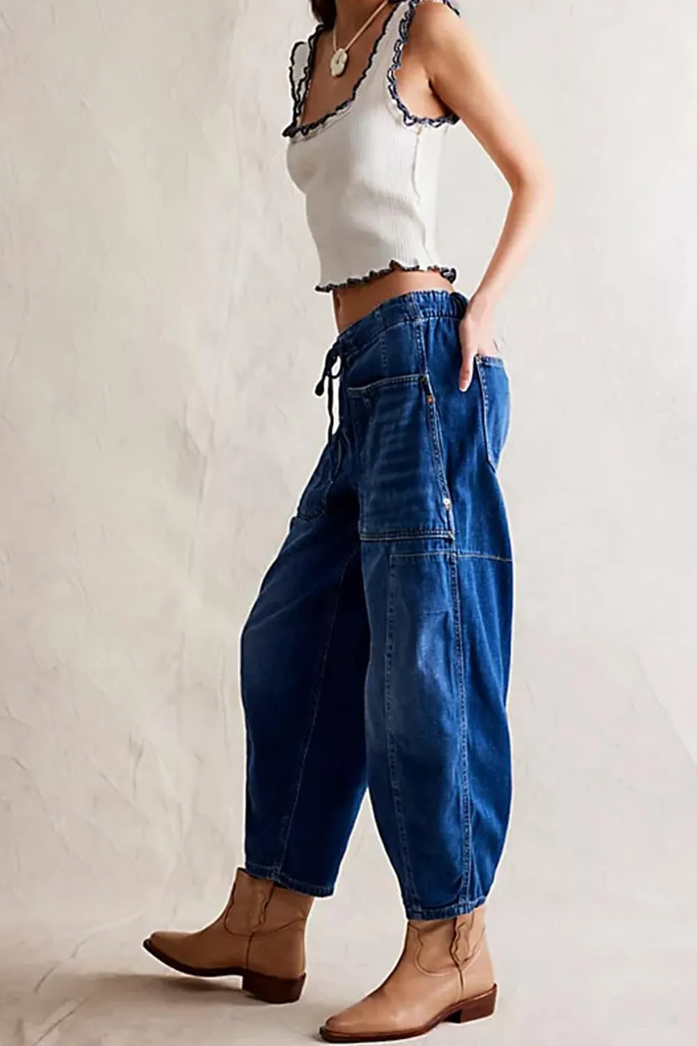 yoeasy Womens Low Rise Barrel Jeans Elastic Drawstring Loose Wide Leg Cropped Denim Pants Y2k Baggy Boyfriend Jeans