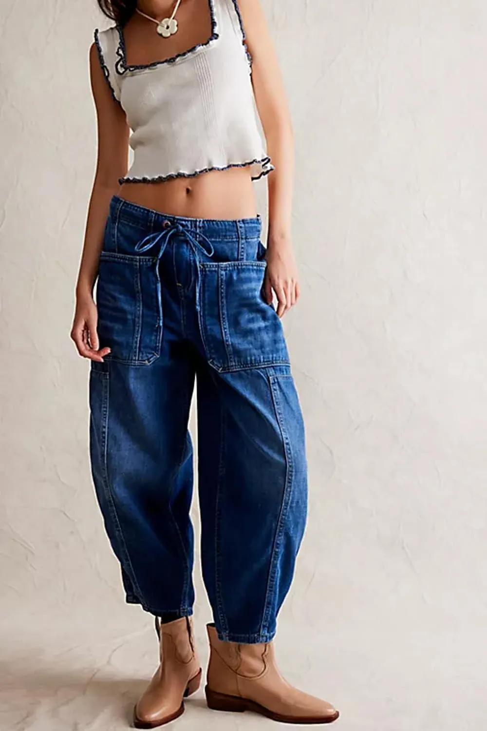 yoeasy Womens Low Rise Barrel Jeans Elastic Drawstring Loose Wide Leg Cropped Denim Pants Y2k Baggy Boyfriend Jeans