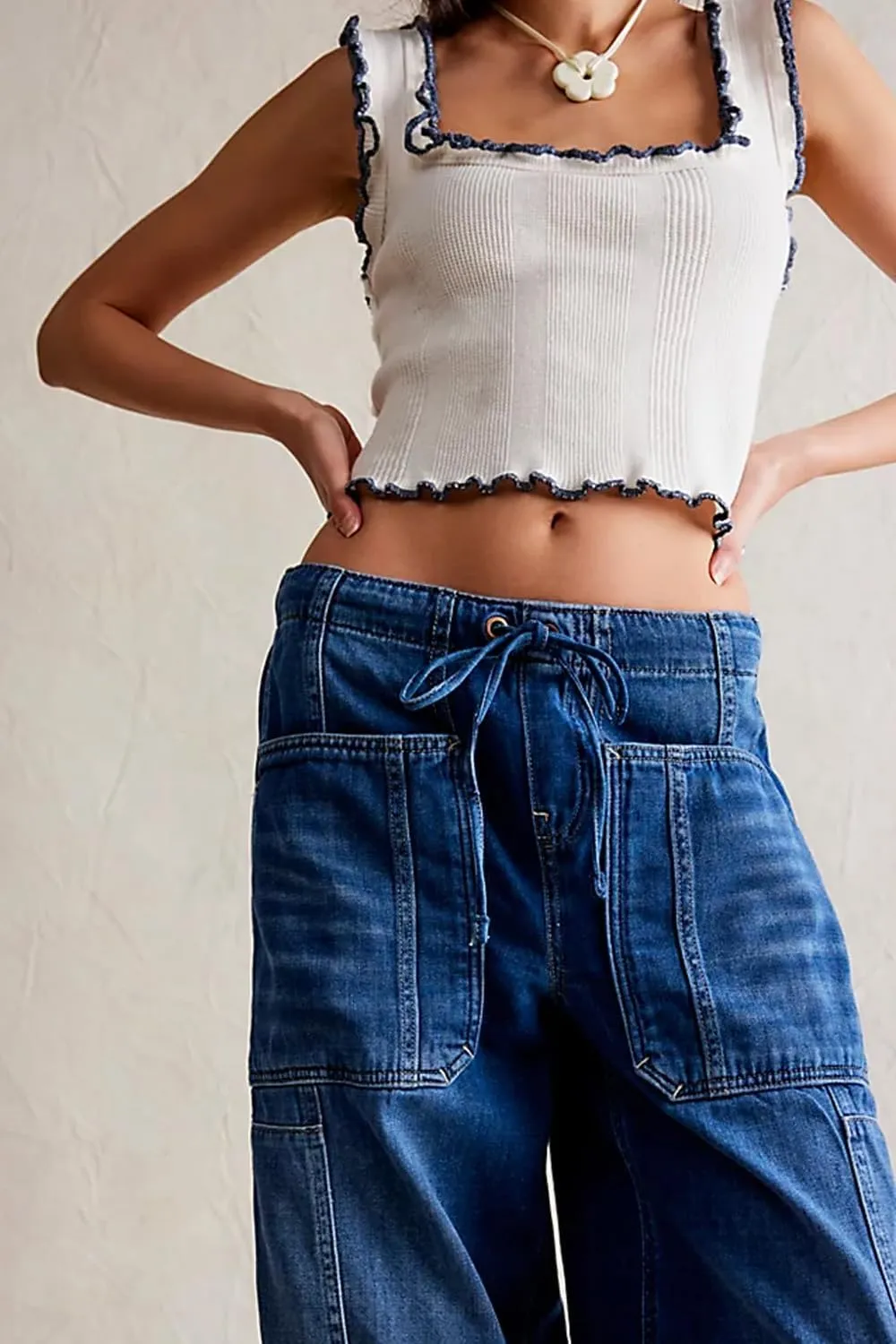 yoeasy Womens Low Rise Barrel Jeans Elastic Drawstring Loose Wide Leg Cropped Denim Pants Y2k Baggy Boyfriend Jeans