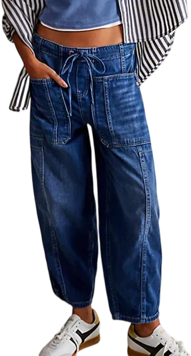 yoeasy Womens Low Rise Barrel Jeans Elastic Drawstring Loose Wide Leg Cropped Denim Pants Y2k Baggy Boyfriend Jeans