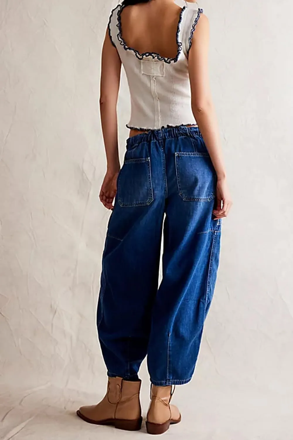 yoeasy Womens Low Rise Barrel Jeans Elastic Drawstring Loose Wide Leg Cropped Denim Pants Y2k Baggy Boyfriend Jeans