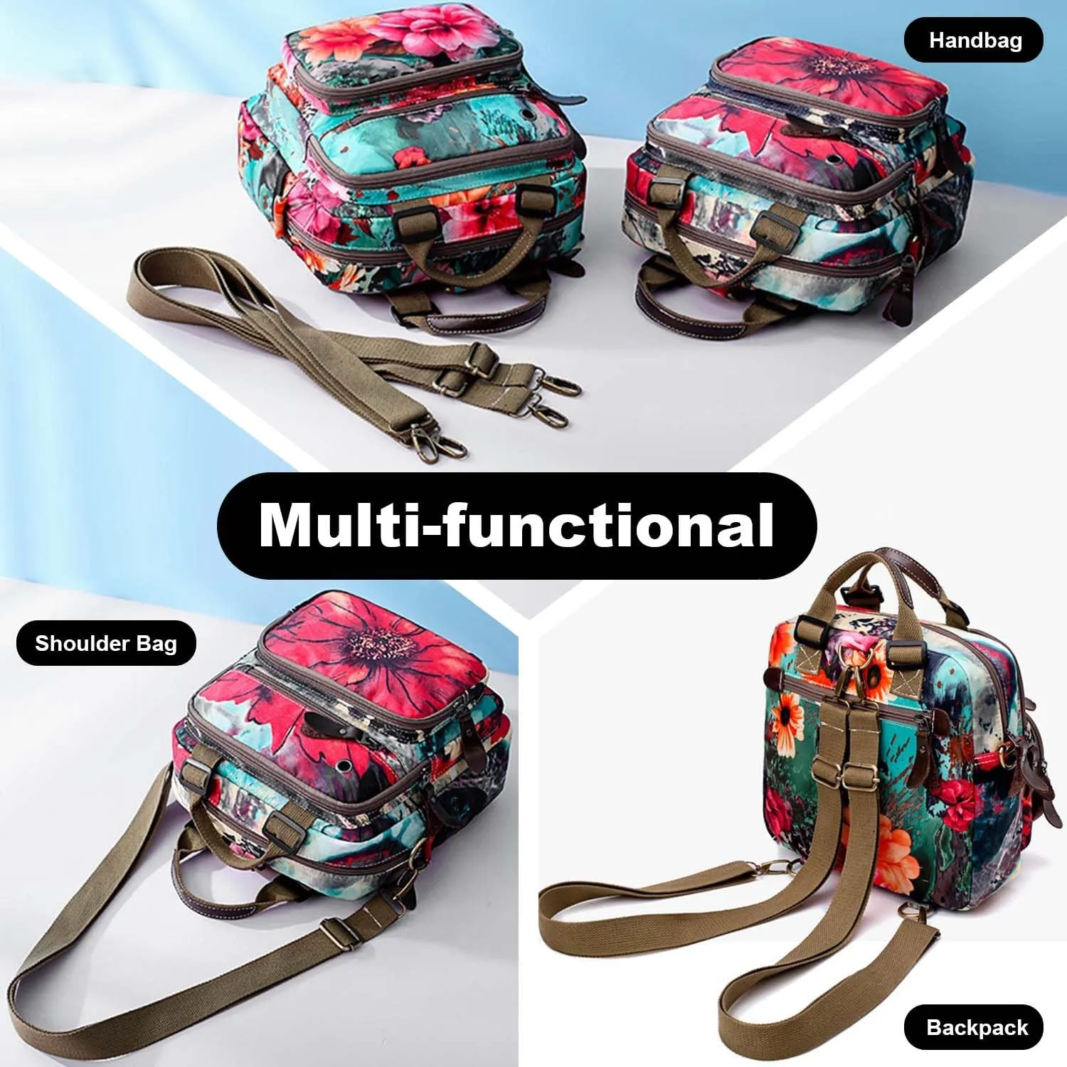 YouNuo Fashion Small Backpack Purse for Women, Floral Multi-Pocket Shoulder Handbag, Water-resistant Nylon Crossbody Purse for Mom, Ladies Convertible Mommy Bag with Insulated Pockets, Red