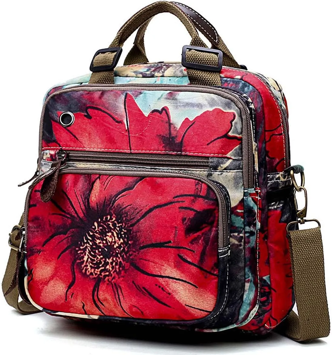 YouNuo Fashion Small Backpack Purse for Women, Floral Multi-Pocket Shoulder Handbag, Water-resistant Nylon Crossbody Purse for Mom, Ladies Convertible Mommy Bag with Insulated Pockets, Red